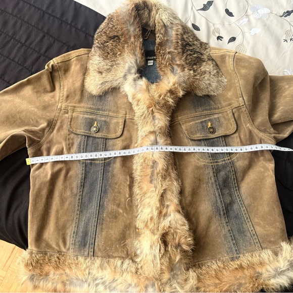 Marie Claire Jeans Tan/Blue Denim Jacket with Fur Cuffs Collar Trim size M - Picture 12 of 12
